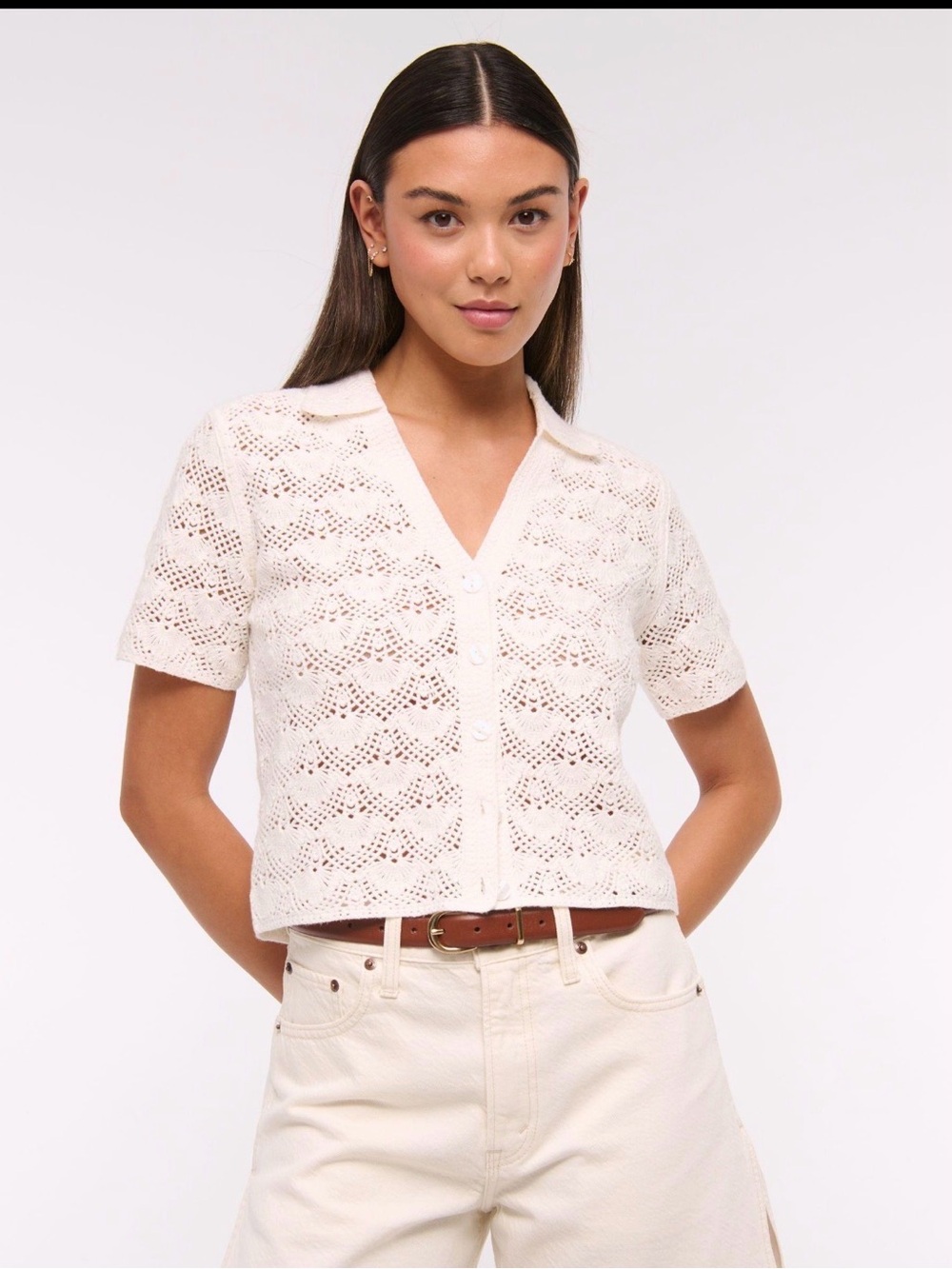Abercrombie & Fitch Cream Floral Crochet Short Sleeve Polo Top Size S